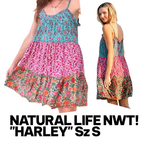 NATURAL LIFE HARLEY NWT Sz S AOP Floral Boho Flowy Tiered Mix Print Mini Dress - Picture 1 of 7